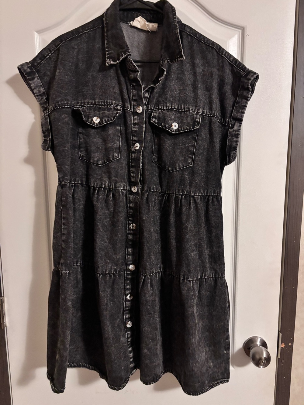 Black Washed Denim Button-Front Dress